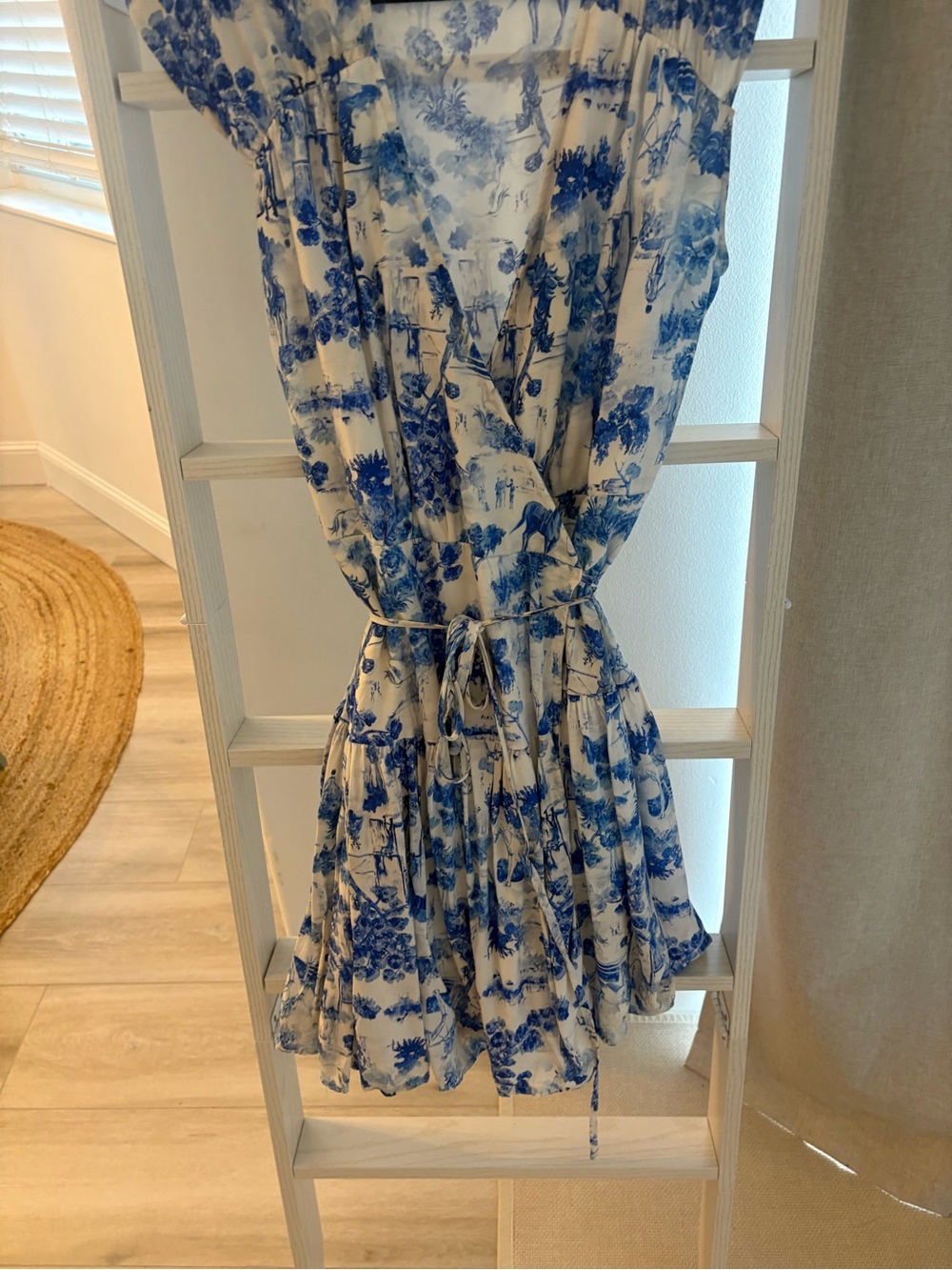 Blue & White Floral Tiered Mini Dress with Drawstring Waist